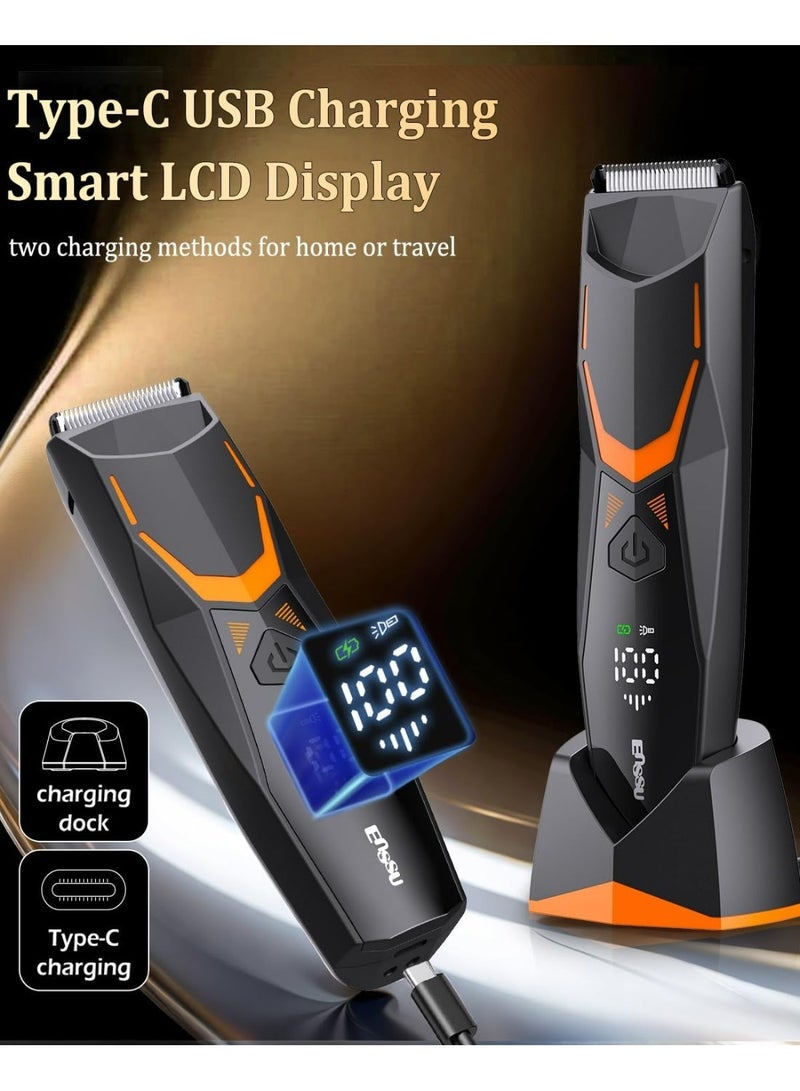 ENSSU Men's Electric Intimate Shaver, Type-C Rechargeable, Razor Men's Intimate Area with LED Light, Body Hair Trimmer for Men, USB Charging Station & 1H Quick Charge, LCD Display, Black & Orange - Image 1