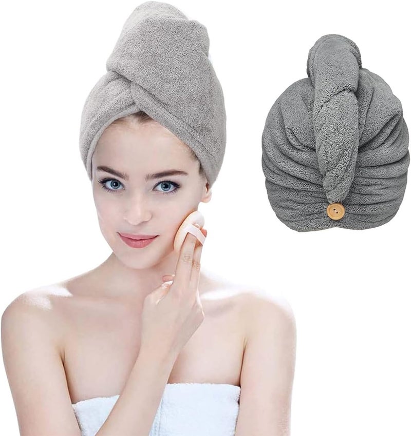 Lonimia Microfiber Hair Towel - Double Thickness Anti Frizz Hair Drying Cap for Women (Grey) - Image 1