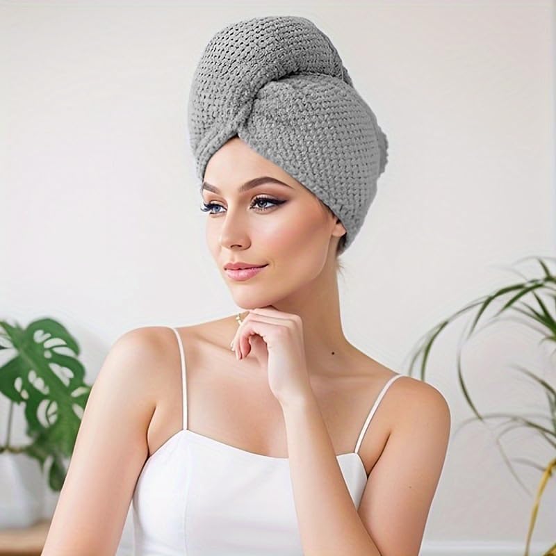 Lonimia Microfiber Hair Towel - Double Thickness Anti Frizz Hair Drying Cap for Women (Grey) - Image 4