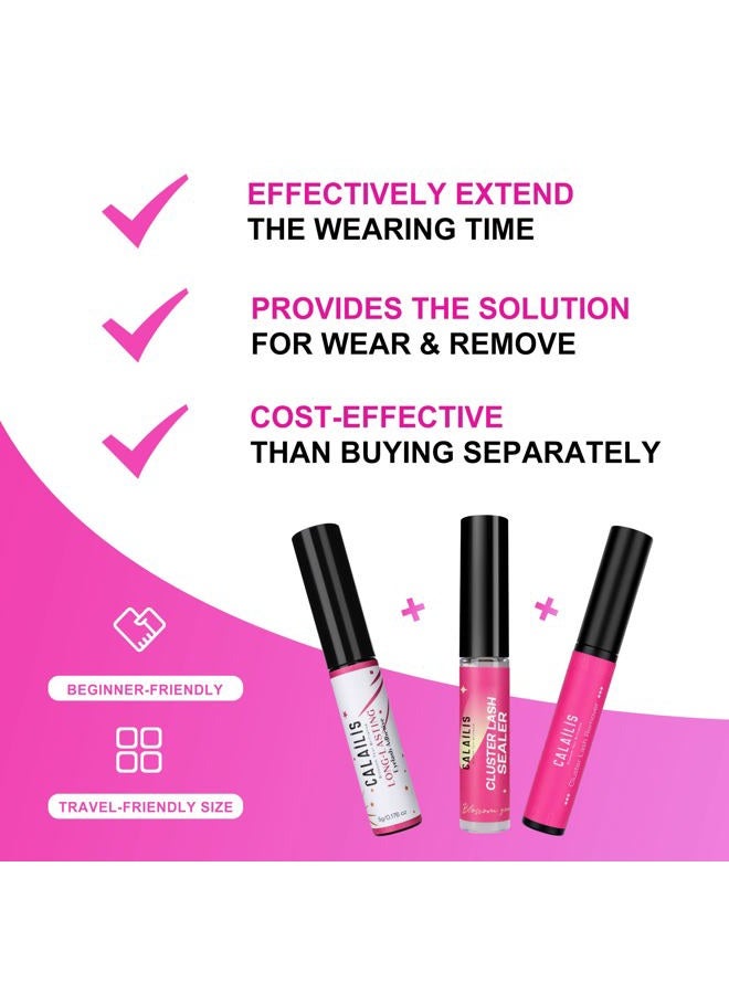 Calailis Cluster Lash Glue Lash Sealer and Lash Remover Kit, Super Strong Hold and Long Lasting 72 Hours Lash Bond and Seal Quick Gentle Clean Non-Irritating Lash Extension Remover - Image 2