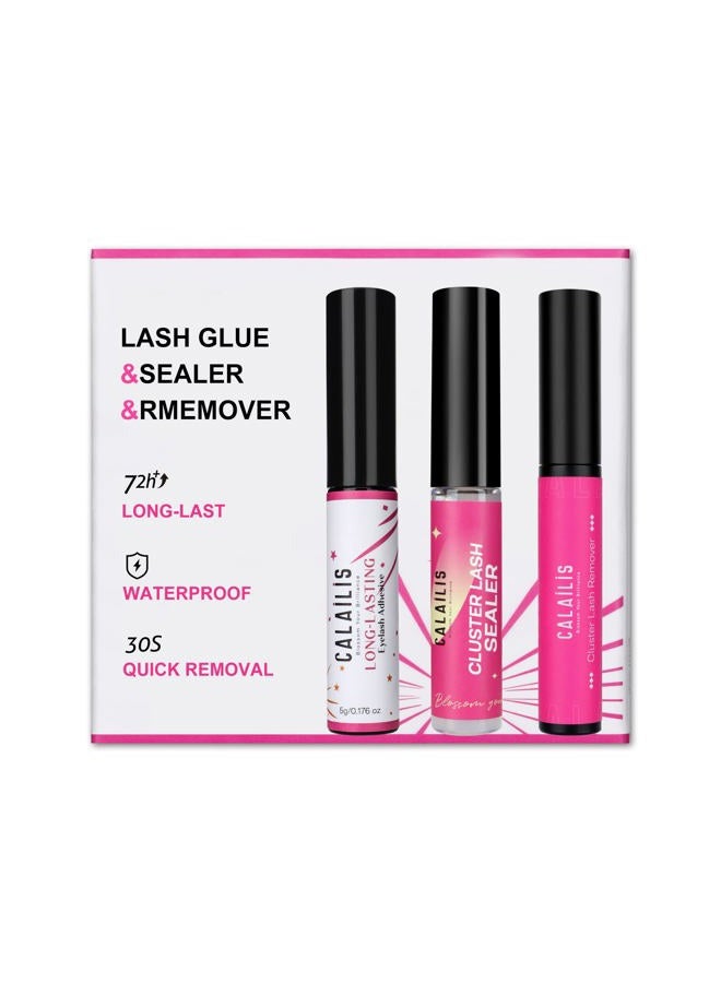 Calailis Cluster Lash Glue Lash Sealer and Lash Remover Kit, Super Strong Hold and Long Lasting 72 Hours Lash Bond and Seal Quick Gentle Clean Non-Irritating Lash Extension Remover - Image 1