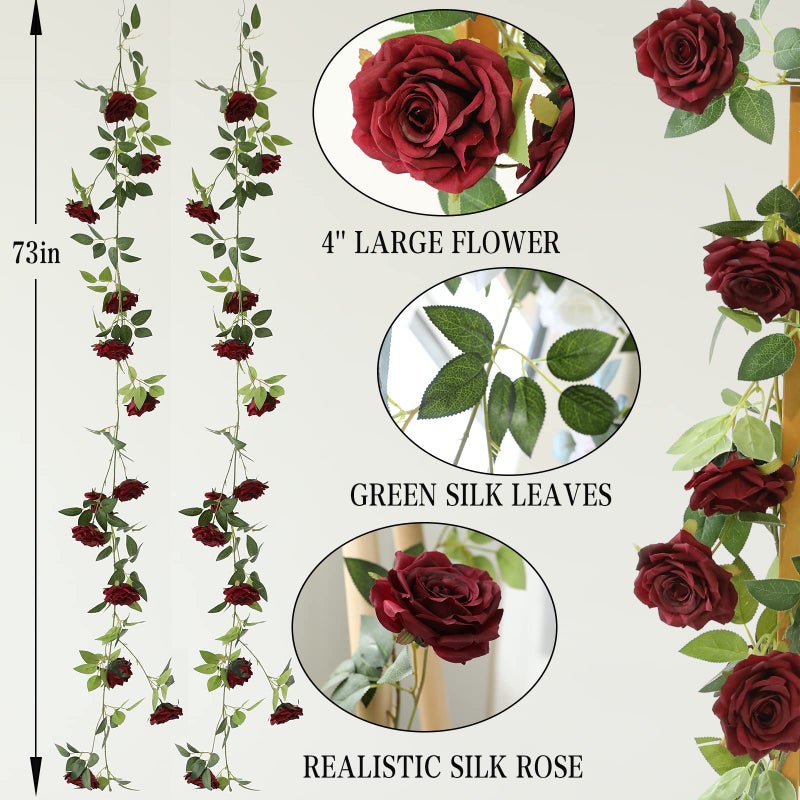 dallisten 2 Strands 73'' Artificial Silk Rose Flower Vines Garland, Fake Roses Floral Green Leaves Hanging Plant for Wedding Arrangement Decoration, Wall, Party, Bedroom, Home Decor (Burgundy) - Image 2