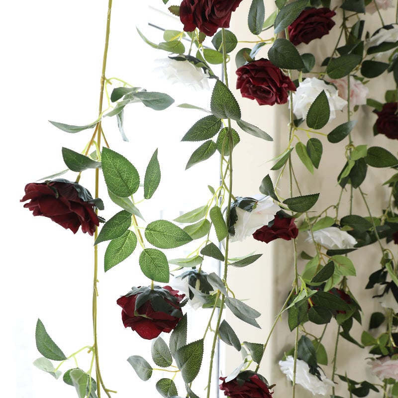 dallisten 2 Strands 73'' Artificial Silk Rose Flower Vines Garland, Fake Roses Floral Green Leaves Hanging Plant for Wedding Arrangement Decoration, Wall, Party, Bedroom, Home Decor (Burgundy) - Image 5