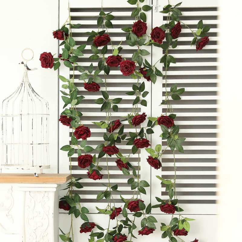 dallisten 2 Strands 73'' Artificial Silk Rose Flower Vines Garland, Fake Roses Floral Green Leaves Hanging Plant for Wedding Arrangement Decoration, Wall, Party, Bedroom, Home Decor (Burgundy) - Image 4