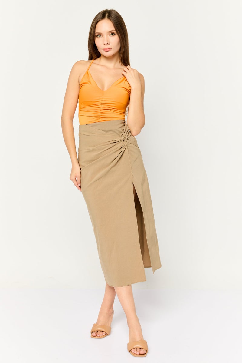 MANGO Women Ruched Sleeveless Bodysuit, Orange  - Image 2