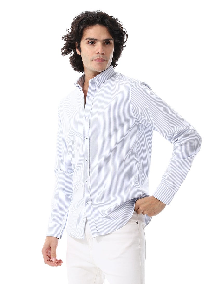 Andora Candy Stripes Pattern Turn Down Collar Oxford Shirt_ White & Sky Blue  - Image 2