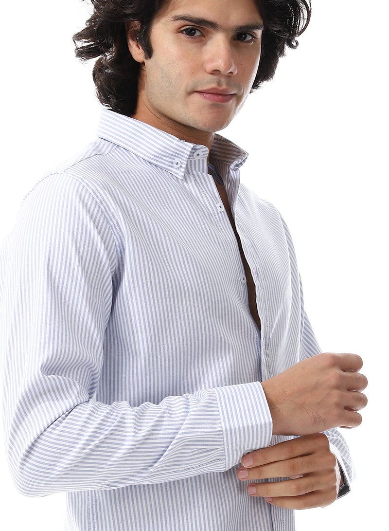 Andora Candy Stripes Pattern Turn Down Collar Oxford Shirt_ White & Sky Blue  - Image 5