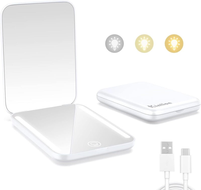 Kintion Rechargeable Pocket Mirror, 1X/3X Magnification LED Compact Travel Makeup Mirror, 3 Color Temperature, Dimmable, 400mAh, Portable Compact Mirror, Small Purse Mirrors for Women Gift, White Local & cross border ship compatible - Image 1