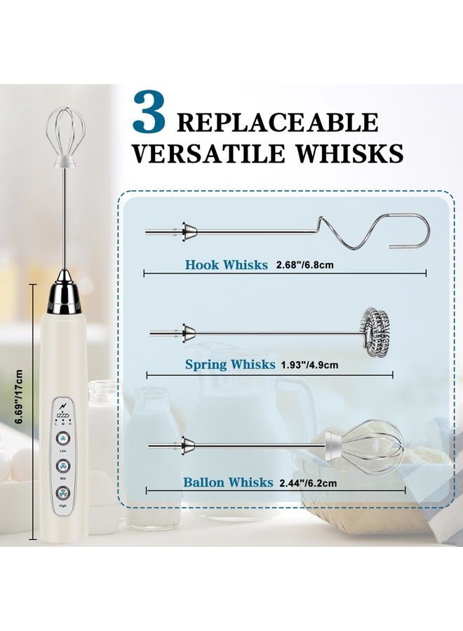 BSRGMS Milk Frother Handheld for Coffee, Electric Whisk 3 Speed Adjustable, Drink Mixer with Stainless 3 Whisks, Rechargeable Hand Frother Wand, for Latte Cappuccino Hot Chocolate Egg Beige - Image 2