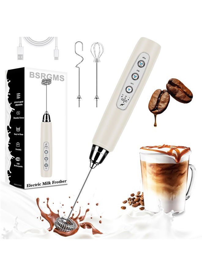 BSRGMS Milk Frother Handheld for Coffee, Electric Whisk 3 Speed Adjustable, Drink Mixer with Stainless 3 Whisks, Rechargeable Hand Frother Wand, for Latte Cappuccino Hot Chocolate Egg Beige - Image 1