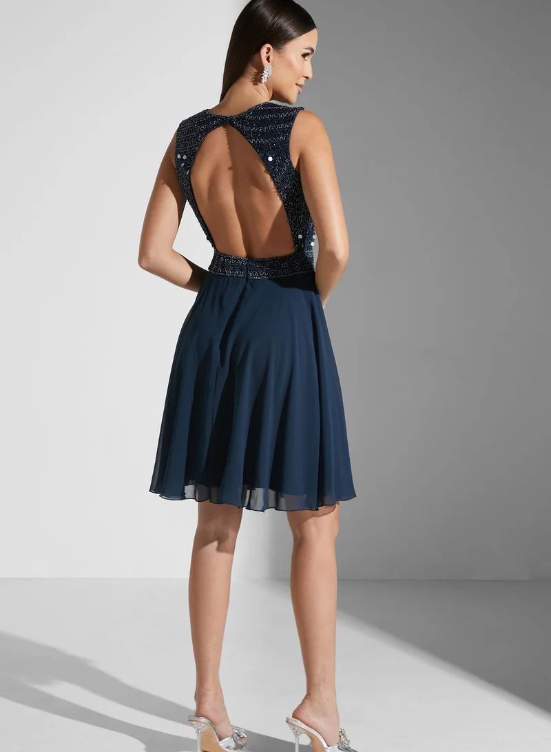 Lace and Beads Back Keyhole Skater Dress