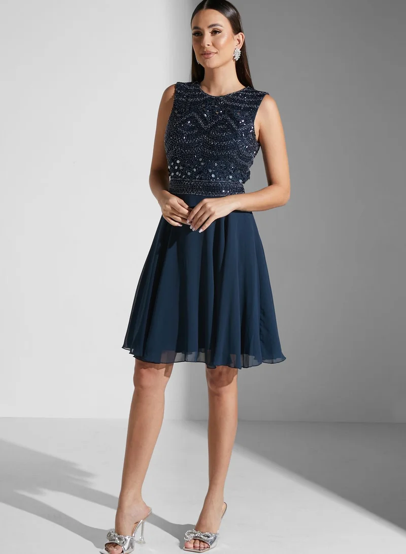 Lace and Beads Back Keyhole Skater Dress