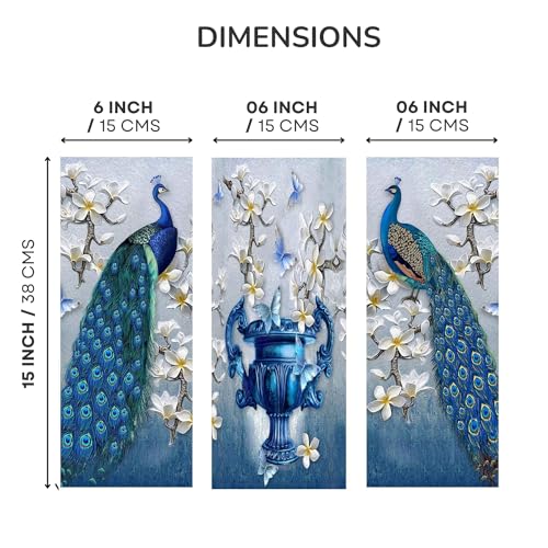 Masstone Peacock Wall Art for Living Room | Wall Art for Bedroom (15x18 Inch) | Wall Art Frames Set of 3 | Wall Hanging Art Decor | Beautiful Pair of Peacock & Flower Vase | Modern Art Wall Painting - Image 2