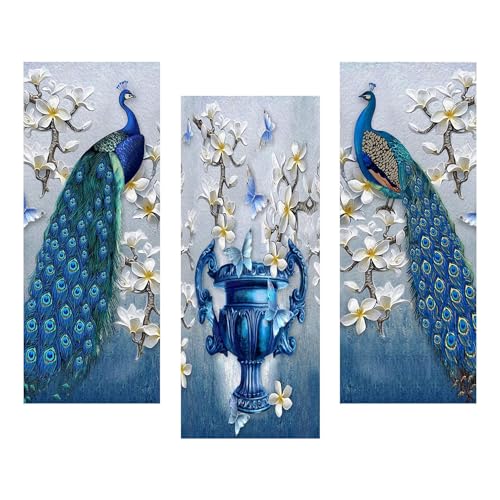 Masstone Peacock Wall Art for Living Room | Wall Art for Bedroom (15x18 Inch) | Wall Art Frames Set of 3 | Wall Hanging Art Decor | Beautiful Pair of Peacock & Flower Vase | Modern Art Wall Painting - Image 1