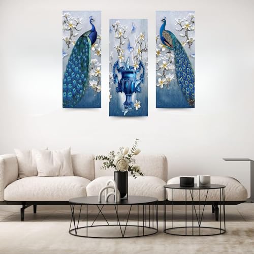 Masstone Peacock Wall Art for Living Room | Wall Art for Bedroom (15x18 Inch) | Wall Art Frames Set of 3 | Wall Hanging Art Decor | Beautiful Pair of Peacock & Flower Vase | Modern Art Wall Painting - Image 4