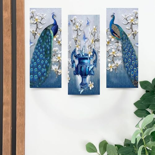 Masstone Peacock Wall Art for Living Room | Wall Art for Bedroom (15x18 Inch) | Wall Art Frames Set of 3 | Wall Hanging Art Decor | Beautiful Pair of Peacock & Flower Vase | Modern Art Wall Painting - Image 5