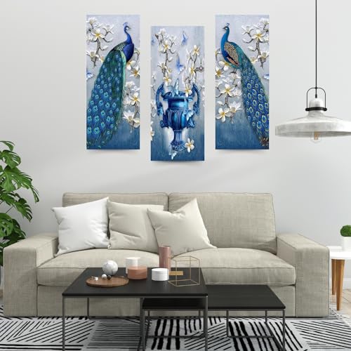 Masstone Peacock Wall Art for Living Room | Wall Art for Bedroom (15x18 Inch) | Wall Art Frames Set of 3 | Wall Hanging Art Decor | Beautiful Pair of Peacock & Flower Vase | Modern Art Wall Painting - Image 3