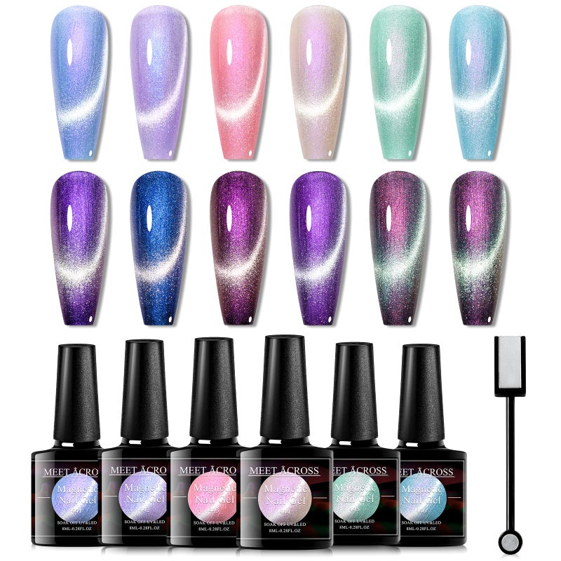 MEET ACROSS Cat Eye Gel Polish Mermaid Glitter Nail Polish Set Soak Off UV LED Light Magic Gel Nail Polish Kit Manicure Nail Art Gift Kit 6 Colors Free Magnet Stick Mermaid Glitter