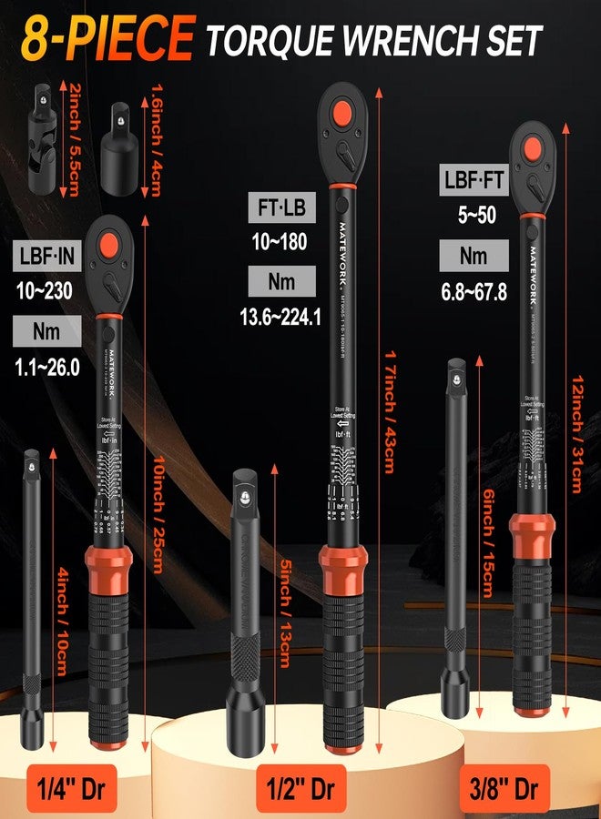 Matework Torque Wrench Set 8PCS, 1/4 3/8 1/2 inch Drive Click Torque Wrench, 10-220in.lb, 10-45ft.lb, 10-160ft.lb, 72-Tooth Dual Scale, ±3% Accuracy, with 5 Adapters for Bike, Moto, Car Repair and Maintenance - Image 2