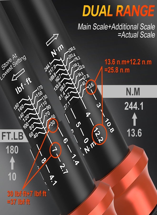Matework Torque Wrench Set 8PCS, 1/4 3/8 1/2 inch Drive Click Torque Wrench, 10-220in.lb, 10-45ft.lb, 10-160ft.lb, 72-Tooth Dual Scale, ±3% Accuracy, with 5 Adapters for Bike, Moto, Car Repair and Maintenance - Image 5
