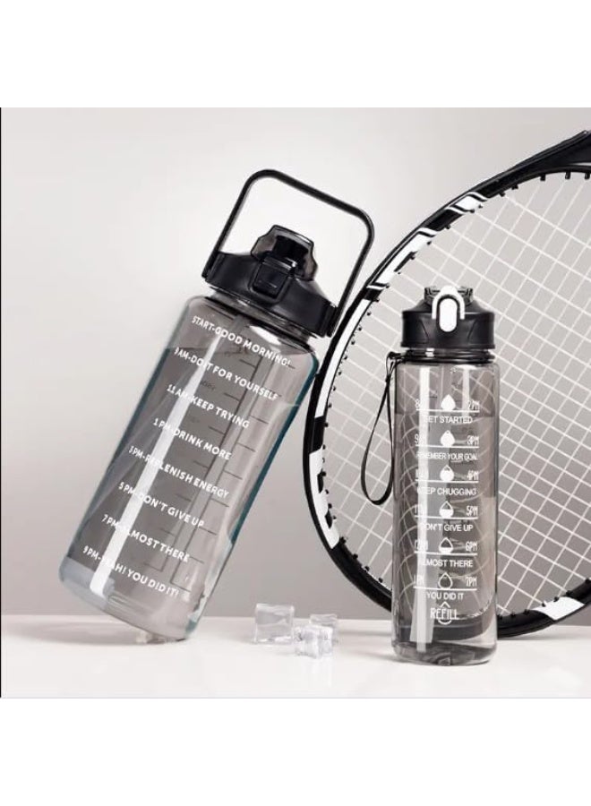 سبيس شوب مجموعة من 3 زجاجات مياه بلاستيكية شفافة، سعة 2000 مل، 900 مل، و300 مل، مع مؤقت تحفيزي. زجاجات مياه متينة مانعة للتسرب، مناسبة للاستخدام في المكتب والمدرسة والنادي الرياضي. - Image 2