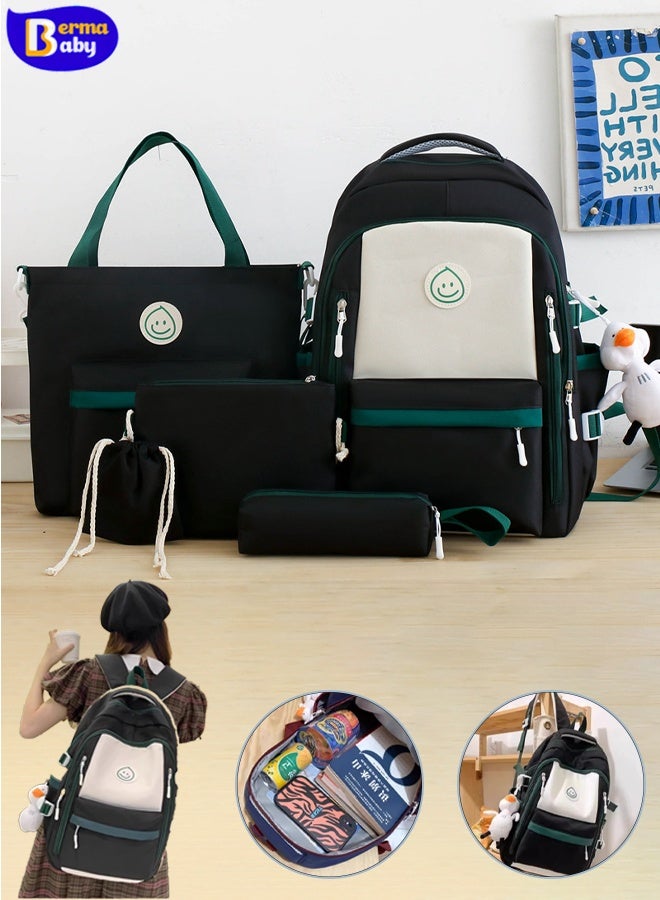 Student Backpack, 5-Piece Backpack Set with Cute Bear Accessories - School Bag, Shoulder Bag, Tote Bag, Pencil Case and Pouch - Perfect for Student Back to School Supplies (Black) - Image 1