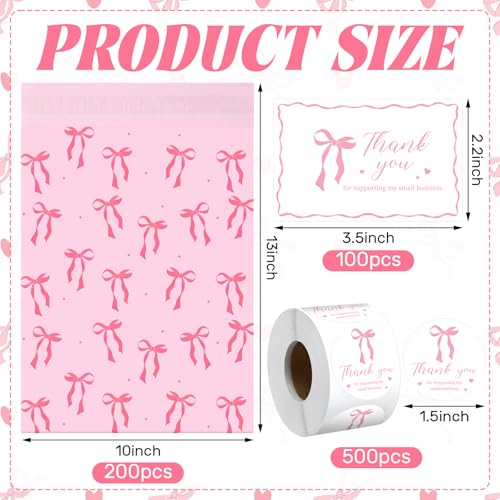 Maasechs 200 Pack 10x13 Pink Bow Poly Mailers Set Waterproof Self Adhesive Cute Shipping Bags with Thank Cards and Stickers Set for Small Business Large Mailing Envelopes Bulk Tear Resistant - Image 2
