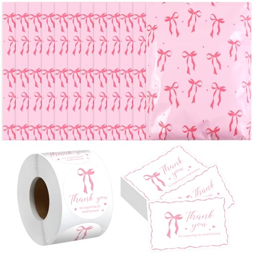 Maasechs 200 Pack 10x13 Pink Bow Poly Mailers Set Waterproof Self Adhesive Cute Shipping Bags with Thank Cards and Stickers Set for Small Business Large Mailing Envelopes Bulk Tear Resistant - Image 1