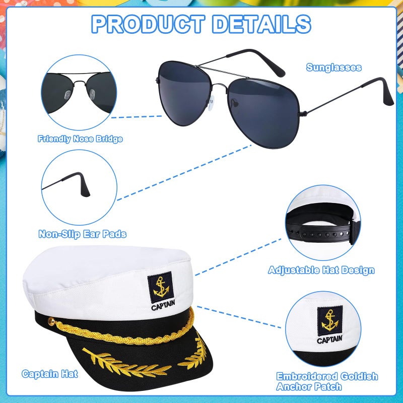 ZIZWO 4PCS Yacht Captain Hat Sailor Hat Sunglasses Sailor Ship Cap Scarf Cap, Boat Captain Accessories for Women Men Party Dress Up - Image 3