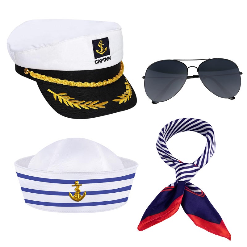 ZIZWO 4PCS Yacht Captain Hat Sailor Hat Sunglasses Sailor Ship Cap Scarf Cap, Boat Captain Accessories for Women Men Party Dress Up - Image 1