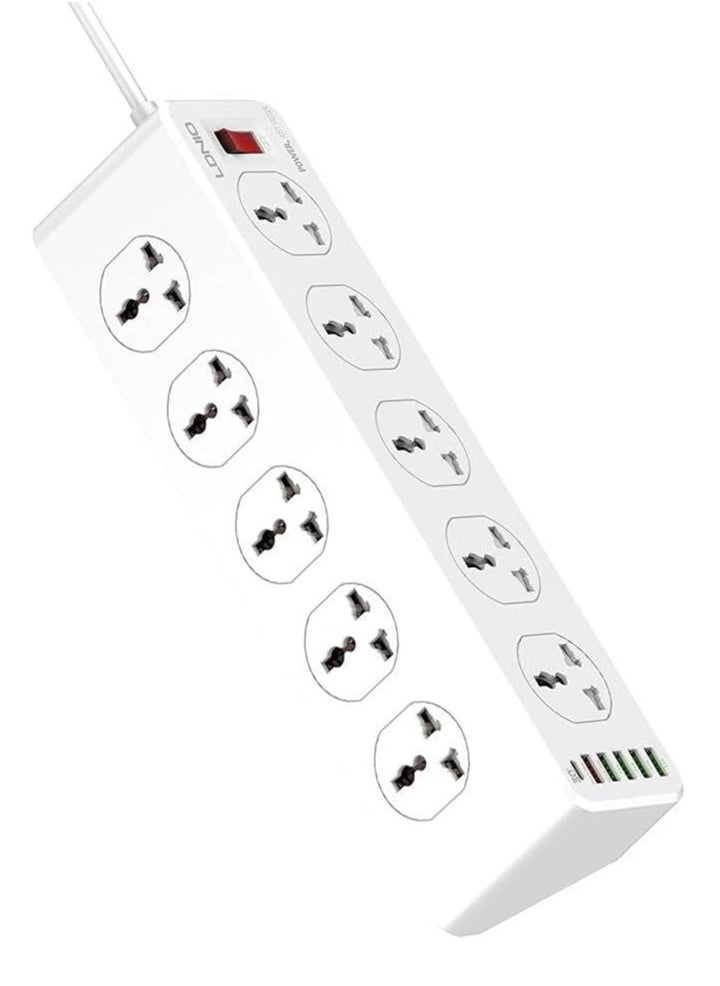 LDNIO - SC10610  Smart Fast Charging Power Strip 10 AC Socket And 5 USB Port  30W (PD / QC3.0 / AUTO-ID output ) – 2M Power Cord Extension – Output 2500W | White - Image 1