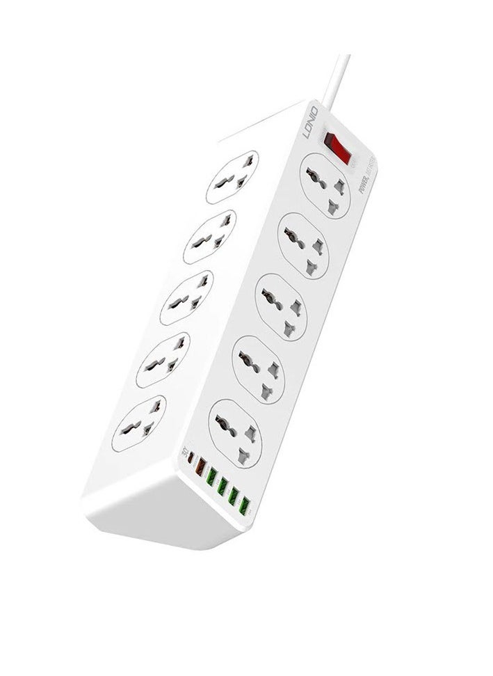 LDNIO - SC10610  Smart Fast Charging Power Strip 10 AC Socket And 5 USB Port  30W (PD / QC3.0 / AUTO-ID output ) – 2M Power Cord Extension – Output 2500W | White - Image 1