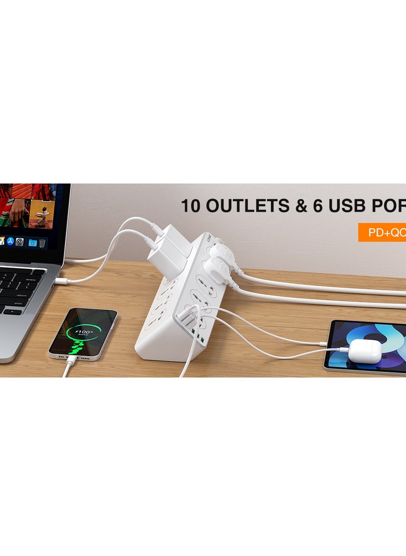 LDNIO - SC10610  Smart Fast Charging Power Strip 10 AC Socket And 5 USB Port  30W (PD / QC3.0 / AUTO-ID output ) – 2M Power Cord Extension – Output 2500W | White - Image 1