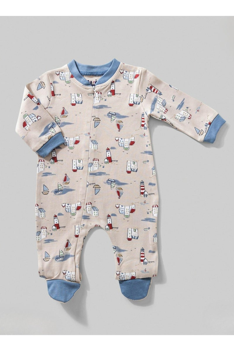 فل مون بدلة نوم للأطفال بطبعة بحرية، رومبير بأكمام طويلة، أزرق وبيج