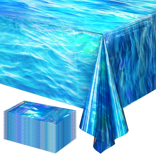 24 Pcs Iridescent Waves Tablecloths Disposable Plastic Ocean Blue Table Cloth Rectangle Table Covers for Under the Sea Beach Surf Pool Party Birthday Party Decorations 54 x 108 Inch