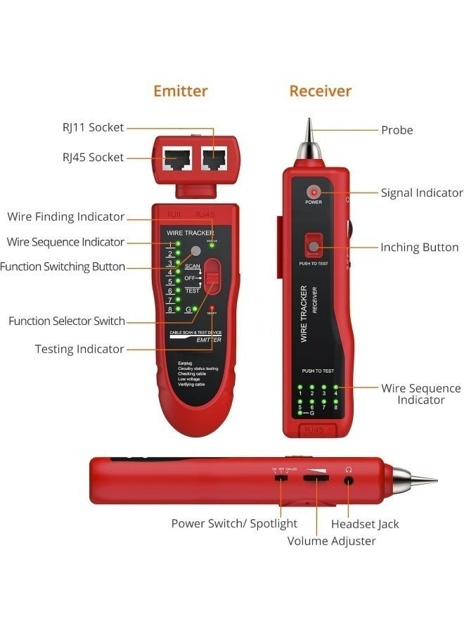 Reacon Wire Tracker RJ11 RJ45 Finder Ethernet LAN Multifunction Toner Tracer Network Cable Collation Telephone Line Tester Continuity Checking (Red) - Image 2