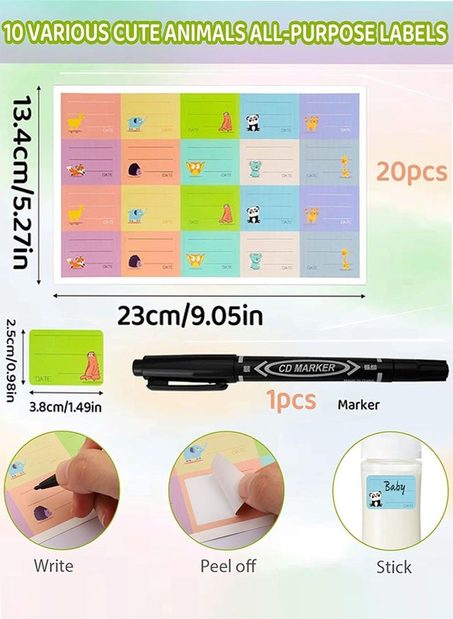 ملصقات زجاجات الرضاعة مع قلم، 10 أوراق (200 ملصق) ملصقات أسماء ذاتية اللصق قابلة للكتابة ومقاومة للماء ملصقات بتصميمات حيوانات  لحاويات أغذية الأطفال، حليب الأم، صناديق الغداء، التنظيم - Image 2