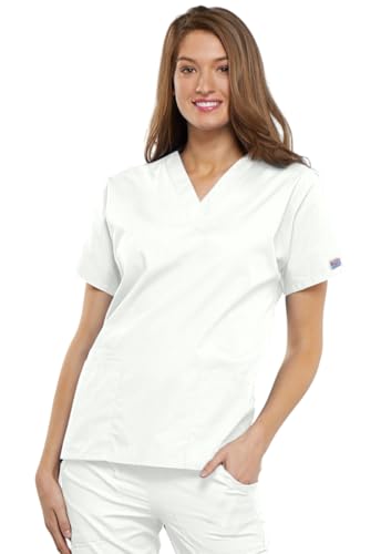 Cherokee Women's V Neck Scrubs Shirt, White, Medium - Image 4