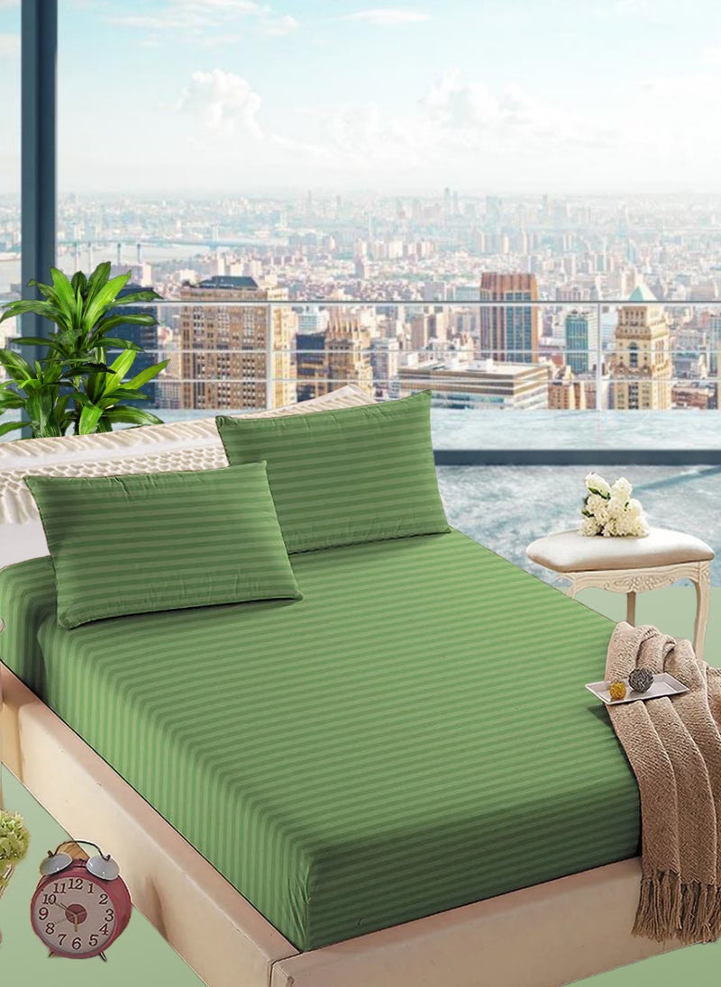 Blueberry Faded Green Queen Size Stripe Deep Pocket Bed Sheet Set Cotton 180x200+35cm - Image 1