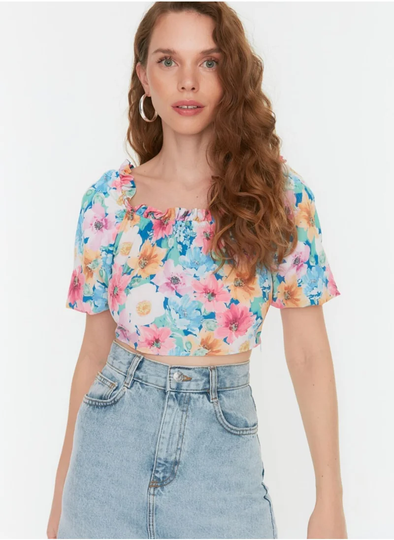 trendyol Square Neck Floral Print Top