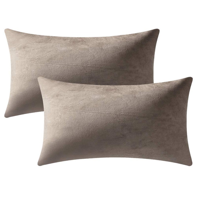 DEZENE Decorative Pillow Covers 12x20 Taupe: 2 Pack Cozy Soft Velvet Rectangular Throw Pillow Cases for Farmhouse Home Decor - Image 1
