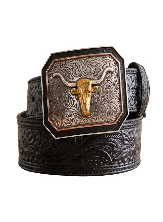 ARIAT Men's Floral Embossed Leather Belt with Longhorn Buckle, Black, 36 - Image 3