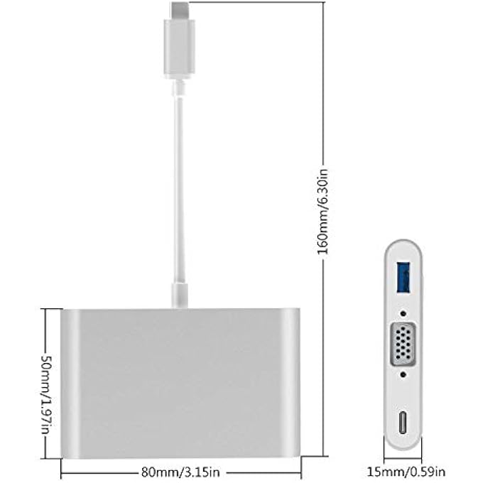 rayihni 3 IN 1 TYPE-C HUB USB C TO USB3.0/VGA/TYPE-C ADAPTER 1080P CONVERTER REPLACEMENT FOR MACK/HUAWEI/ (SILVER) - Image 3