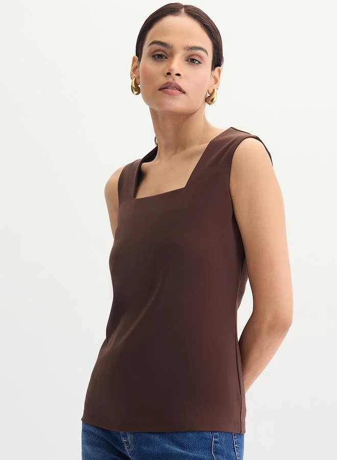 Femmella Coffee Brown Square Neck Sleeveless Top