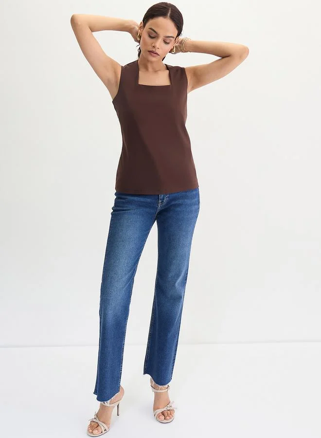 Femmella  Coffee Brown Square Neck Sleeveless Top for Women | Best Price UAE