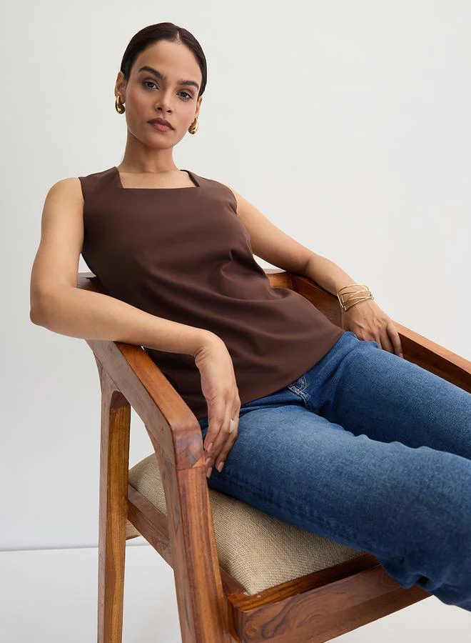Femmella  Coffee Brown Square Neck Sleeveless Top for Women | Best Price UAE