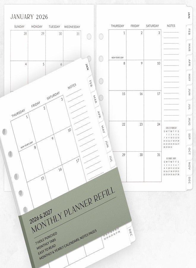 ZICOTO Minimalistic A5 Monthly Planner Inserts - 7-Hole Punched 2025-2026 Planner Refills for A5 Ring Binder - Binder Inserts With Cover and Tabs from December 2025 until December 2027 - Image 1