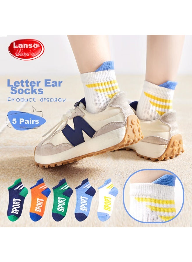 Langsha جوارب الأطفال، جوارب قطنية منتصف الساق للأولاد لجميع الفصول، عالية المرونة، مريحة، قابلة للتنفس، مع علامات أذن، تصميم حروف، جوارب طلابية للأطفال الأكبر سنًا