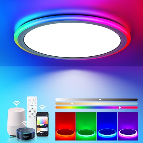 BLNAN Smart RGB LED Flush Mount Ceiling Light with Remote, 13 Inch 24W Dimmable Color Changing Low Profile Wired White Fixture, Works with Alexa Google Home App for Bedroom Living Kids Room Party - Image 1