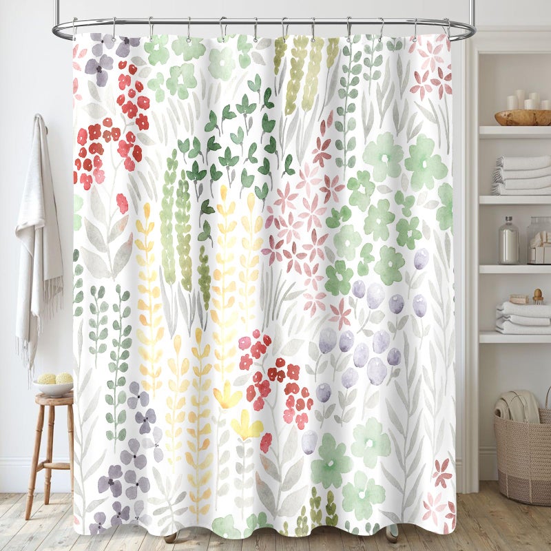 MAYZUS Cute Floral Shower Curtain  Sage Green Boho Flower Fabric Shower Curtain  Funky Watercolor Wildflower Shower Curtain Set  Cottagecore Bohemian Bathroom Decor  72x72 - Image 1